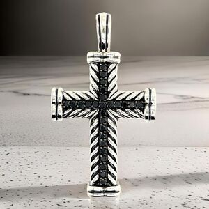 David Yurman Black Diamond Chevron Silver Cross Pendant 16.5g Estate DY611